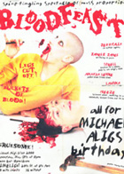 A flyer for a party promoted by Michael Alig, which shoes Alig's friend Jennytalia apparently eating his brains from his skull. There is lurid, dripping text proclaiming the party's name: Bloodfeast