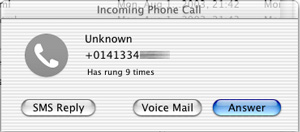 Screenshot showing OS X Address Book alert for incoming call to t610