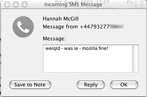 Screenshot showing OS X Address Book alert of new text message