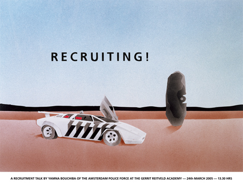 A police car, a rock and the text Recruiting!